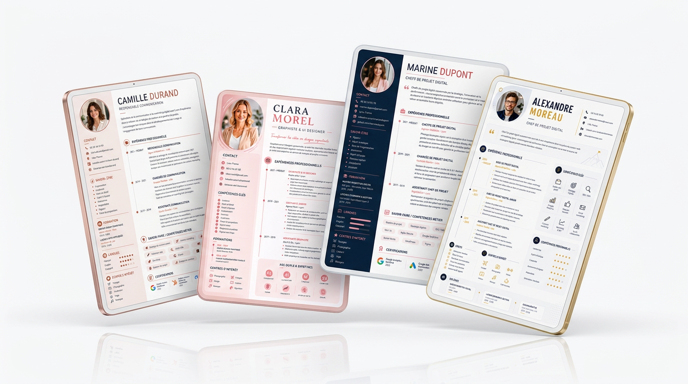 Plusieurs modèles de CV affichés sur des tablettes